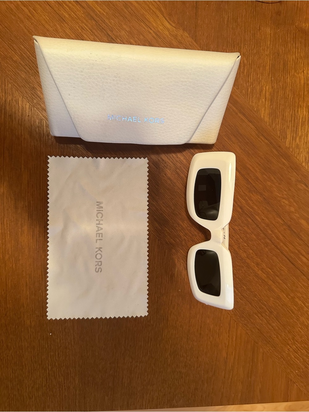 Michael Kors White Rectangular Sunglasses with Black Lenses and Case
